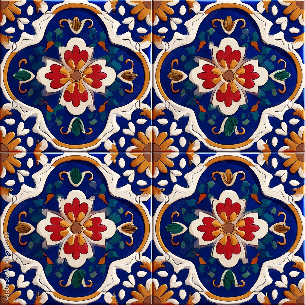 Colorful decorative tile pattern with floral design on a blue background.