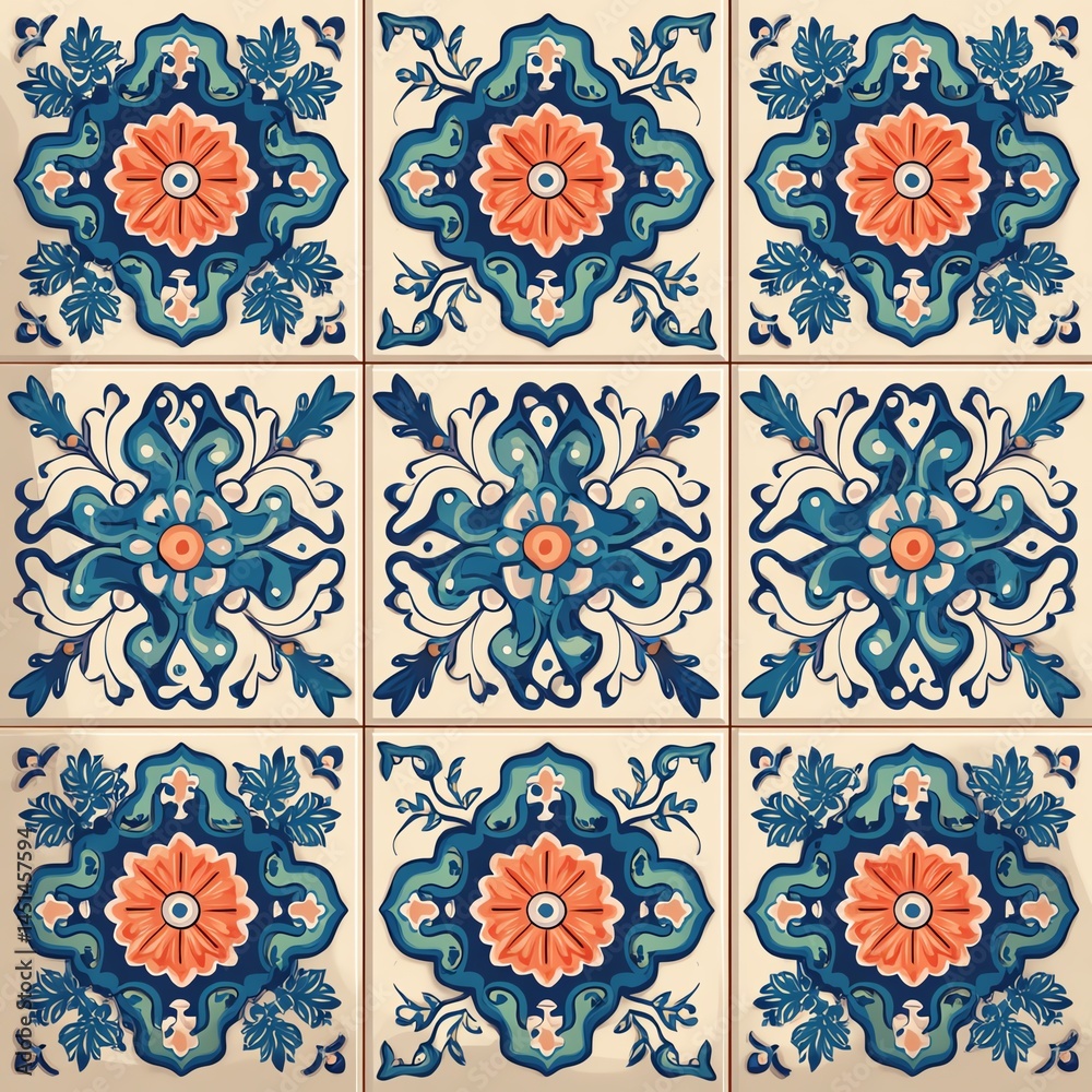 Colorful ornamental tile pattern with intricate floral designs, white background.