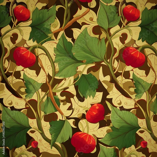 Obraz na płótnie Decorative floral pattern with red berries on a leafy background. w salonie