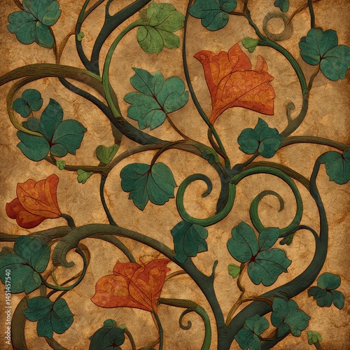 Obraz na płótnie Colorful vine pattern with green leaves and orange flowers on a textured background. w salonie