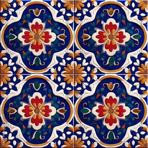 Obraz na płótnie Colorful decorative tile pattern with floral design on a blue background. w salonie