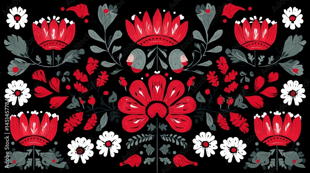 Colorful floral pattern design with red, white, and green elements on a black background.
