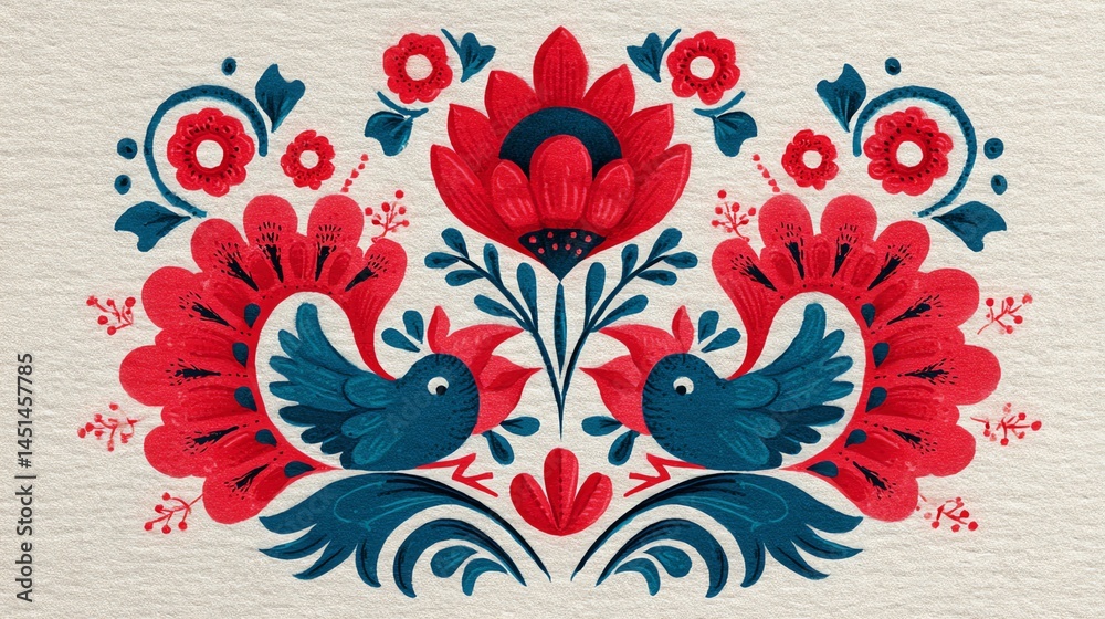 Colorful floral folk art design featuring two birds and decorative patterns.