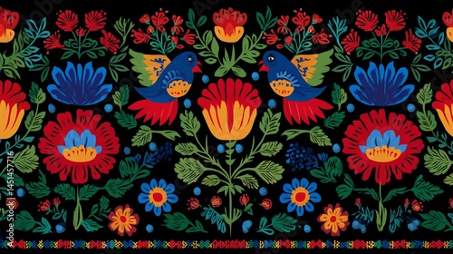 Obraz na płótnie Colorful floral and bird pattern on black background, vibrant and decorative. w salonie