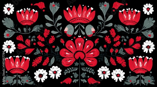 Colorful floral pattern design with red, white, and green elements on a black background.