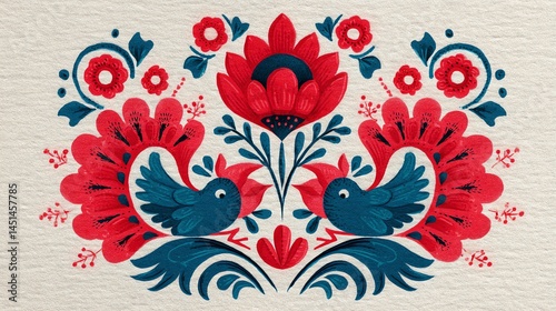 Obraz na płótnie Colorful floral folk art design featuring two birds and decorative patterns. w salonie