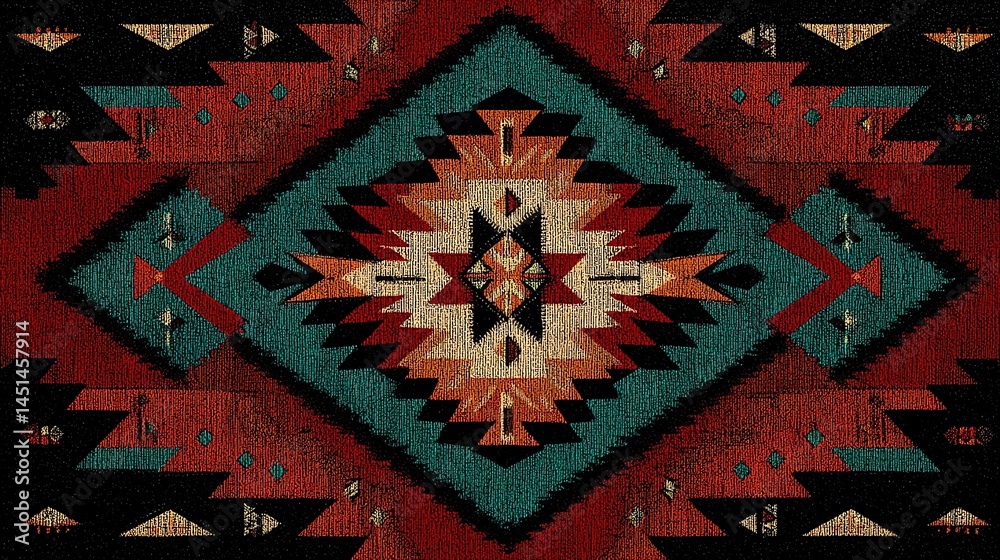 Colorful tribal pattern with intricate geometric design.