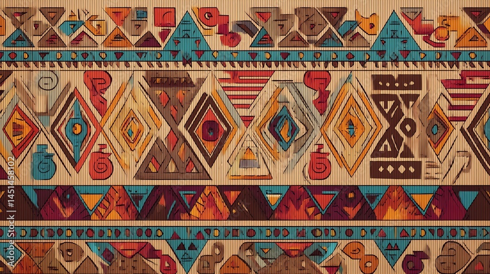 Colorful geometric pattern with cultural symbols on fabric background.