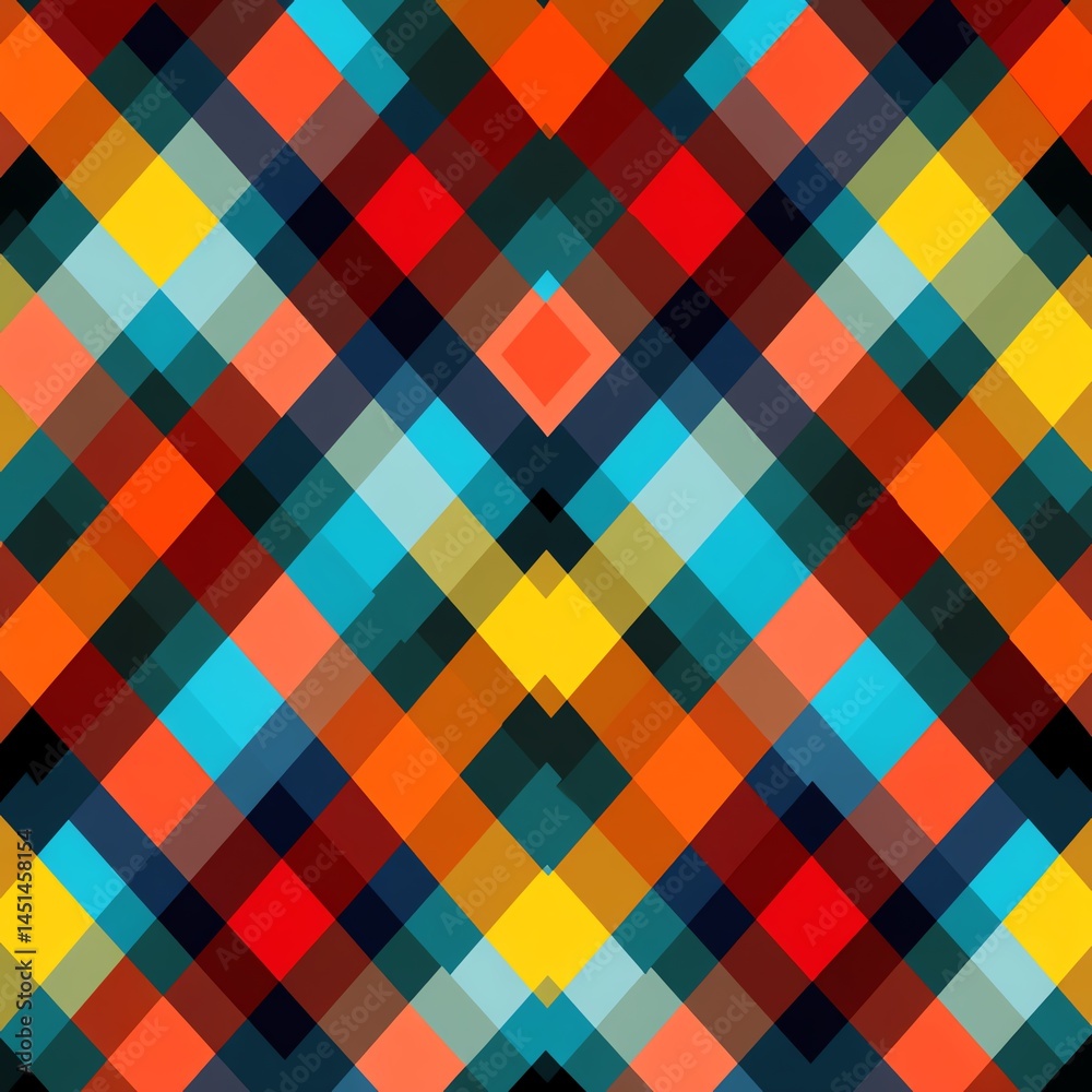 Colorful geometric pattern with diamonds and squares, vibrant and modern design.