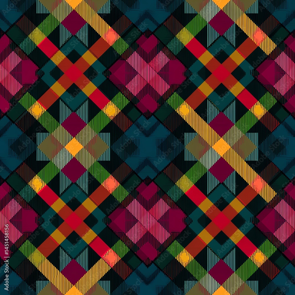 Colorful geometric pattern with vibrant shapes on a dark background.