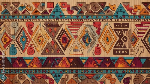 Obraz na płótnie Colorful geometric pattern with cultural symbols on fabric background. w salonie