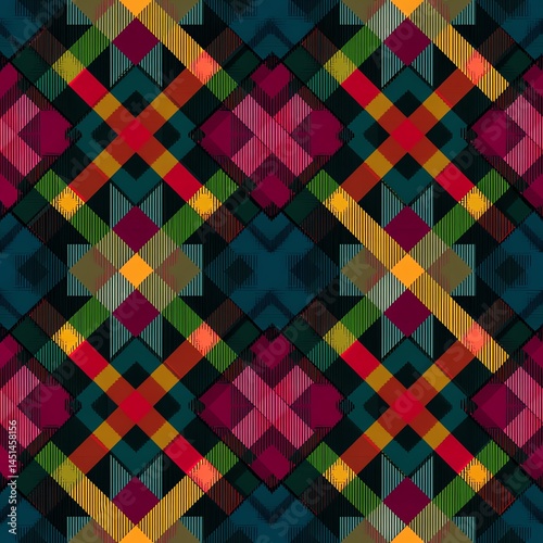 Obraz na płótnie Colorful geometric pattern with vibrant shapes on a dark background. w salonie