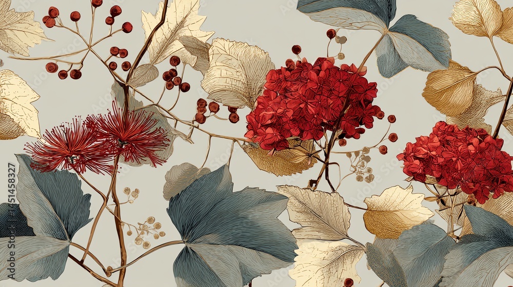 Colorful floral design with vibrant red blooms and textured leaves.