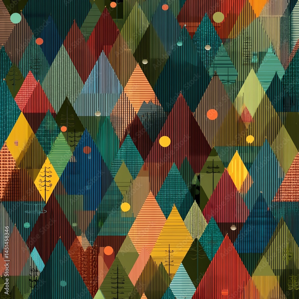 Colorful mountain landscape with geometric patterns and vibrant shapes.