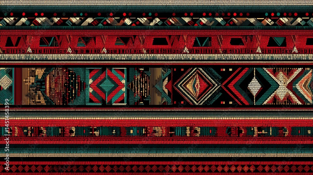 Colorful tribal pattern, intricate design with diamonds and geometric shapes.
