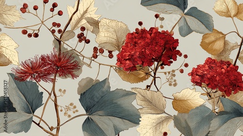 Colorful floral design with vibrant red blooms and textured leaves.
