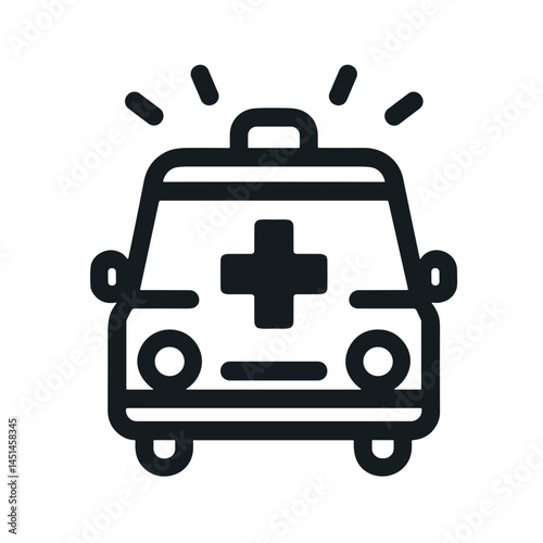 Front view ambulance illustration with medical cross and alert lights, minimalistic design