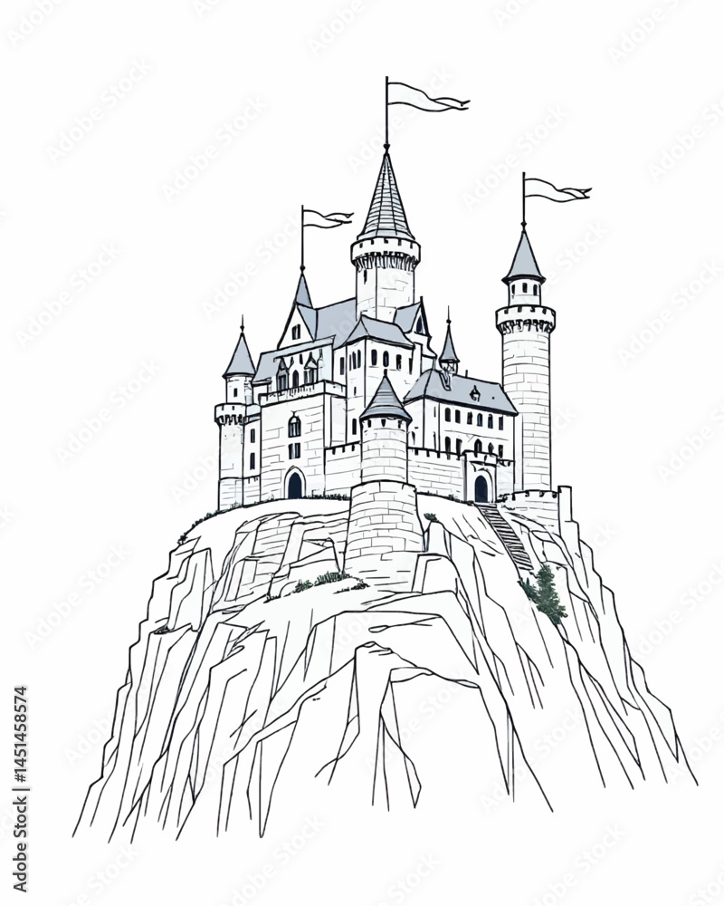 Fototapeta premium SVG line vector of a medieval castle on a cliff, stone textures, tall towers, flags waving in the wind.