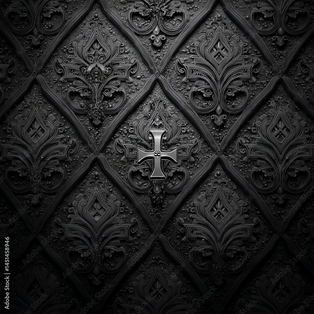 Decorative black wallpaper with intricate patterns and a central cross.