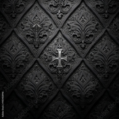Obraz na płótnie Decorative black wallpaper with intricate patterns and a central cross. w salonie