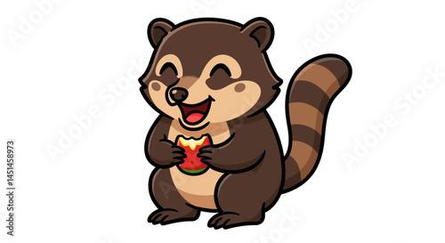 A Joyful Cartoon Raccoon Smiles Widely As It Holds A Slice Of Watermelon Its Eyes Closed In Delight Depicted In A Clean Playful Vector Art Style On A Bright White Background Radiating Happiness