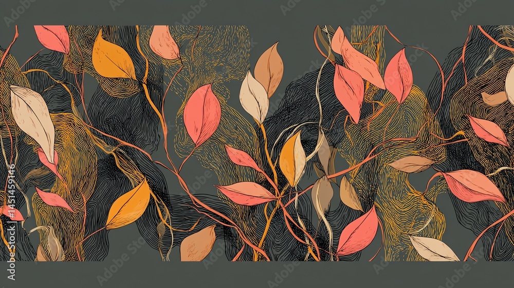 Colorful leaves intertwined with branches on a textured background.