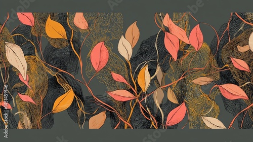Obraz na płótnie Colorful leaves intertwined with branches on a textured background. w salonie