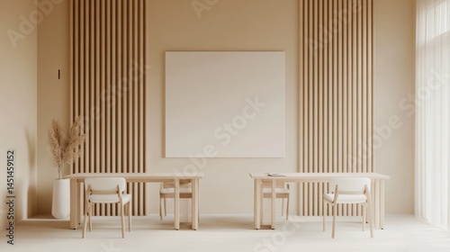 Minimalist Beige Interior Design with Wooden Accents and Blank Canvas