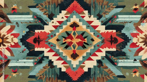 Colorful tribal pattern with geometric shapes, perfect for design projects.