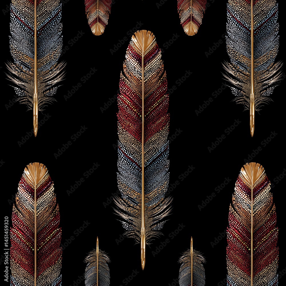 Colorful feathers pattern on black background, perfect for creative designs.