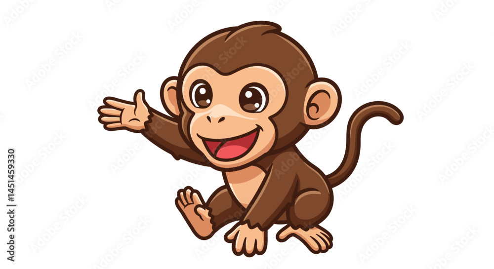 Obraz premium A Cheerful Cartoon Monkey With Brown Fur Is Joyfully Leaping Into The Air With Outstretched Arms And A Wide Happy Grin Exhibiting A Playful And Energetic Mood In A Clean Vector Style