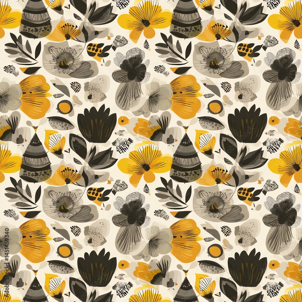 Colorful floral pattern with various shapes and designs on a light background.