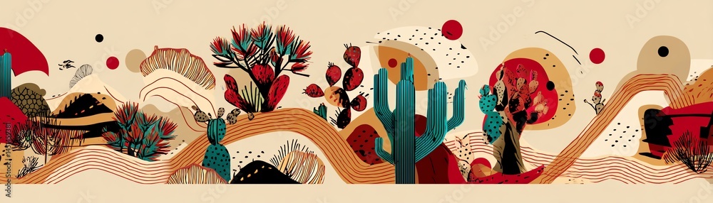 Colorful desert landscape design with cacti and abstract elements.