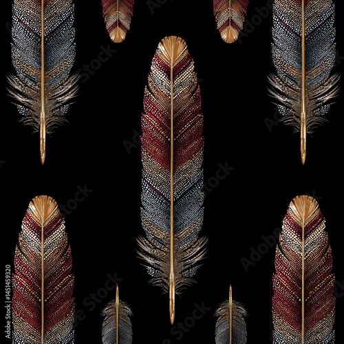 Obraz na płótnie Colorful feathers pattern on black background, perfect for creative designs. w salonie