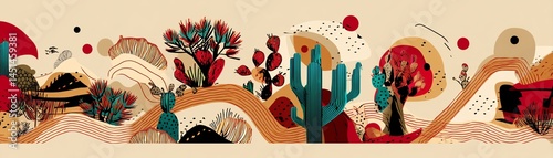 Obraz na płótnie Colorful desert landscape design with cacti and abstract elements. w salonie