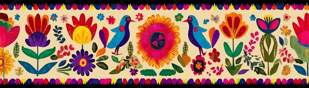 Colorful folk art design featuring vibrant flowers and birds.