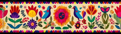 Obraz na płótnie Colorful folk art design featuring vibrant flowers and birds. w salonie