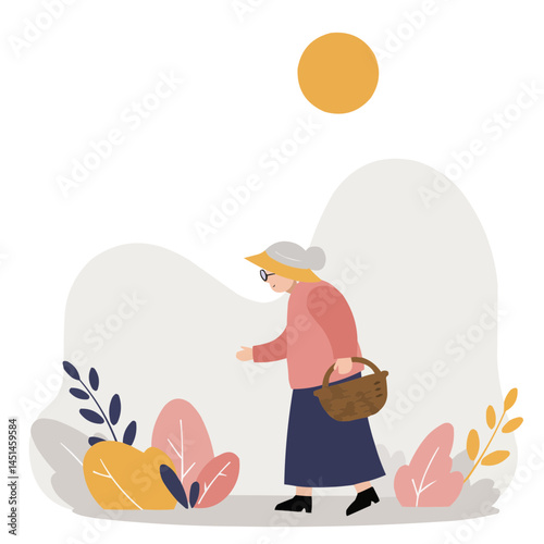 Elderly woman with basket in forest - kind senior lady gathering mushrooms and berries in sunlit forest, warm rays filtering through foliage, atmosphere of peace and harmony with nature.