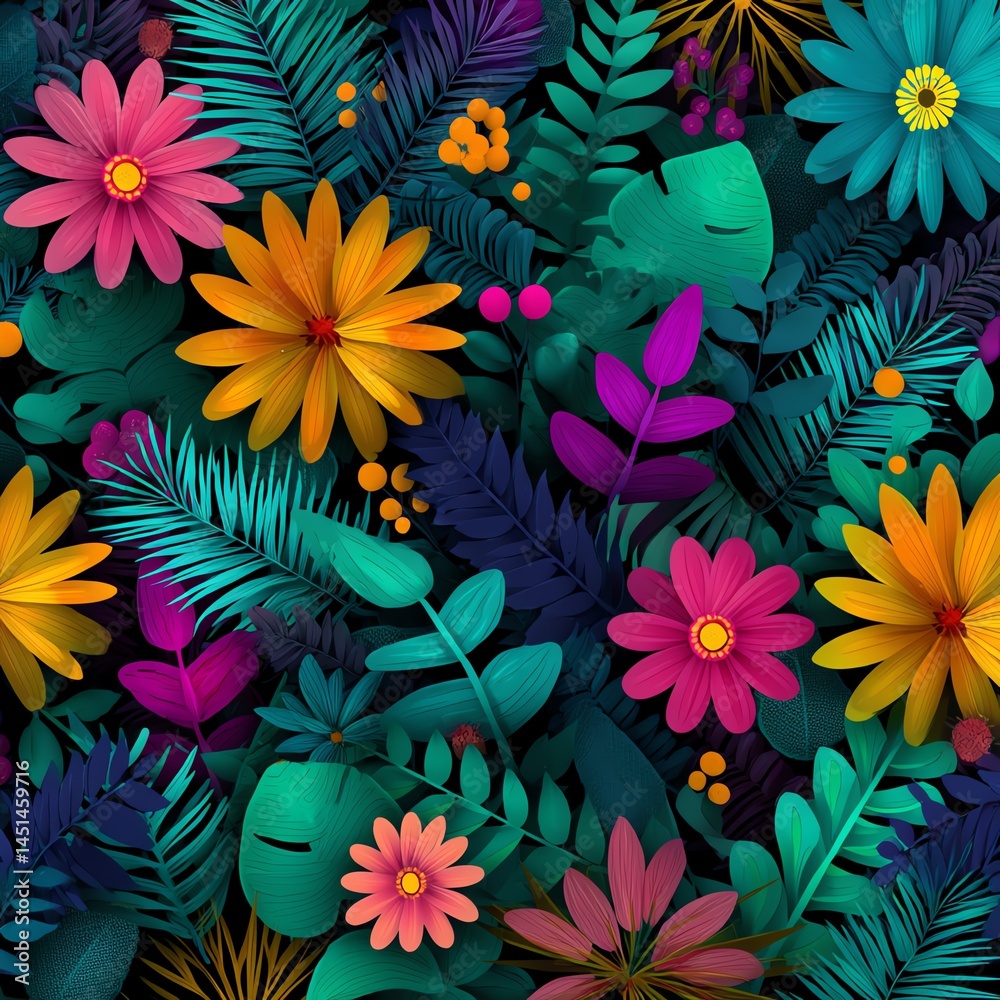 Colorful floral pattern with vibrant flowers and lush foliage on a dark background.