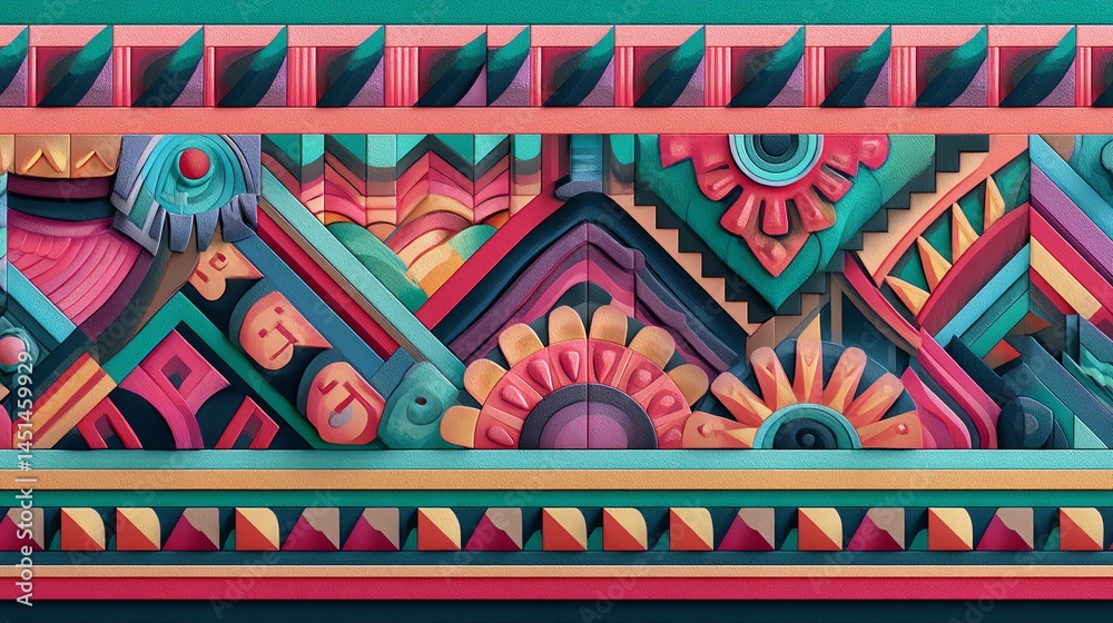 Colorful geometric patterns with intricate designs on a vibrant background.