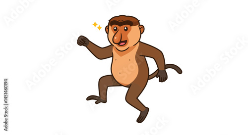 A Cheerful Proboscis Monkey Rendered In A Cartoon Vector Style Leaps With Visible Excitement Its Large Nose And Expressive Eyes Contributing To Its Playful And Jubilant Mood On A Plain Backdrop