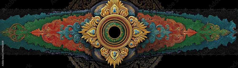 Colorful mandala design with intricate patterns and a central decorative element.
