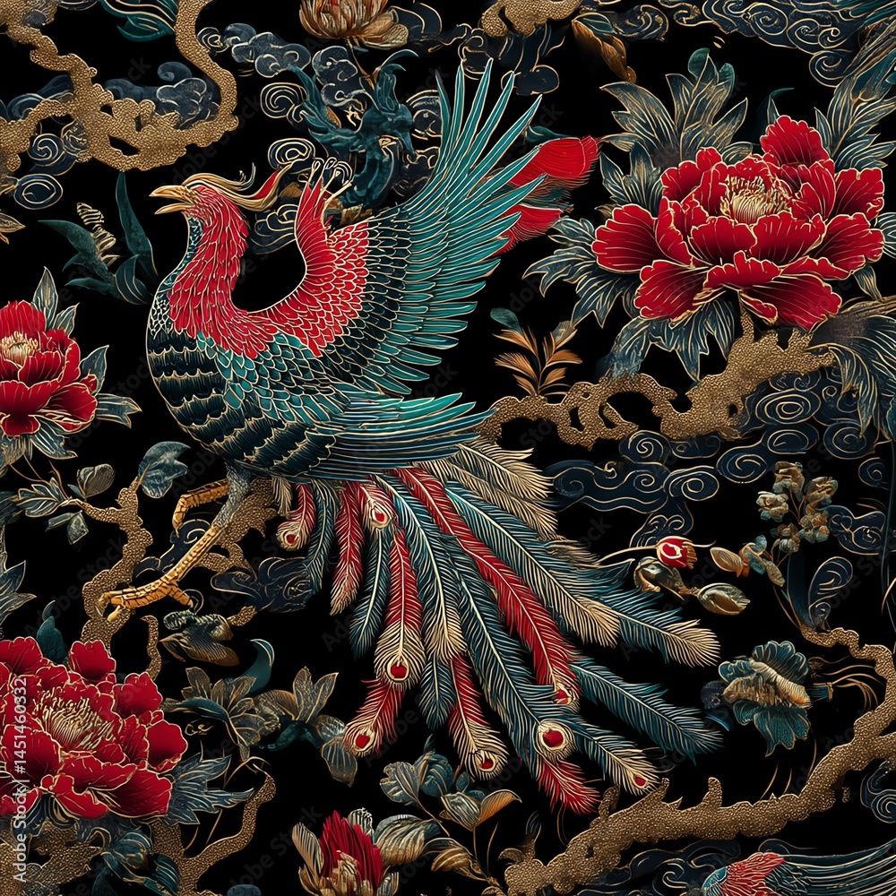 Colorful peacock illustration with floral pattern on a dark background.