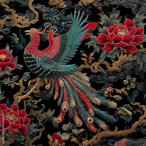 Obraz na płótnie Colorful peacock illustration with floral pattern on a dark background. w salonie