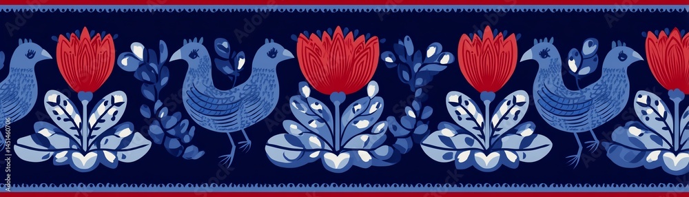 Colorful folk art pattern with flowers and birds on a navy background.