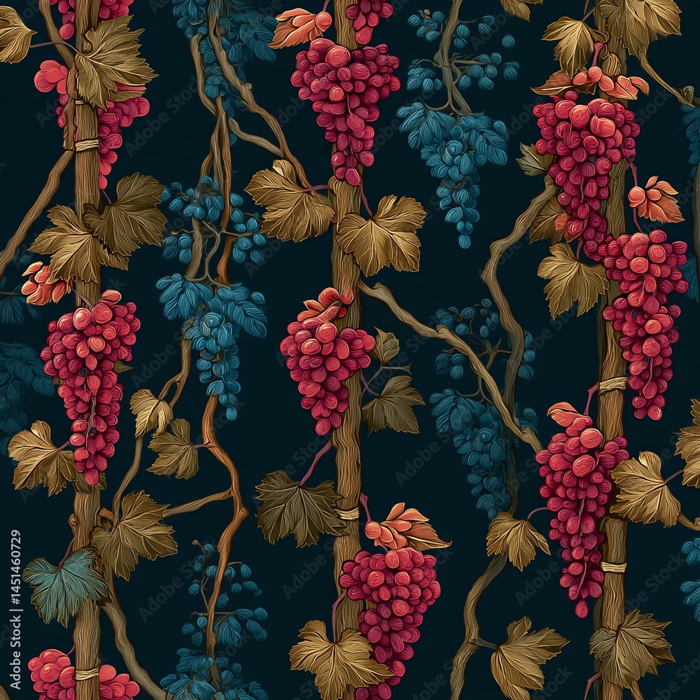 Colorful grape pattern with leaves on a dark background.