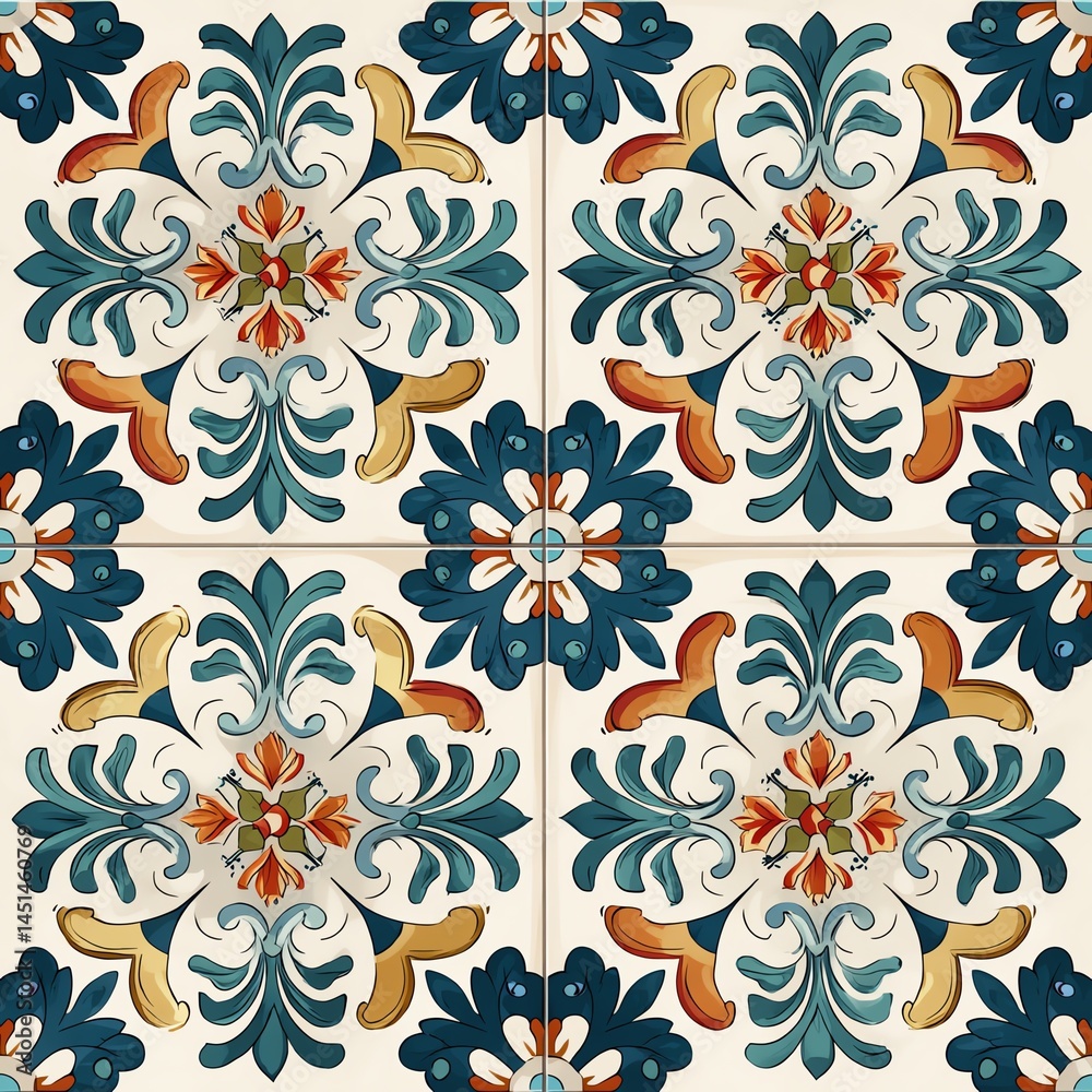 Colorful tile pattern with floral design, perfect for backgrounds and textures.