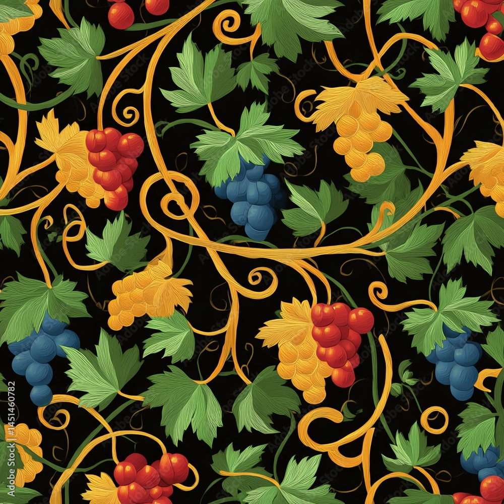 Colorful grape pattern with leaves on a black background, vibrant and fresh design.