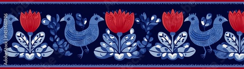 Obraz na płótnie Colorful folk art pattern with flowers and birds on a navy background. w salonie