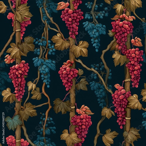 Obraz na płótnie Colorful grape pattern with leaves on a dark background. w salonie